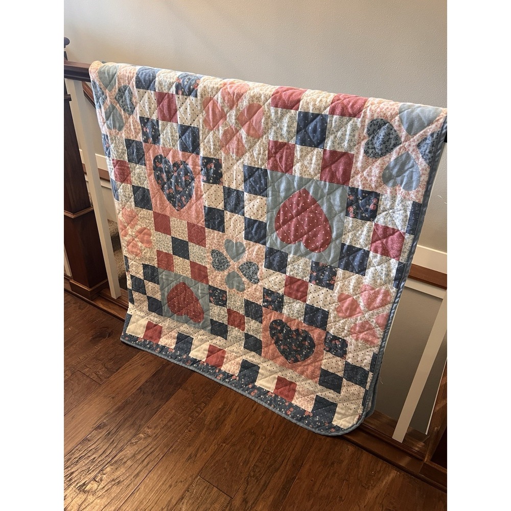 VTG 90s Heart Quilt Blanket Blue Pink Cottagecore Grannycore 88 X 80